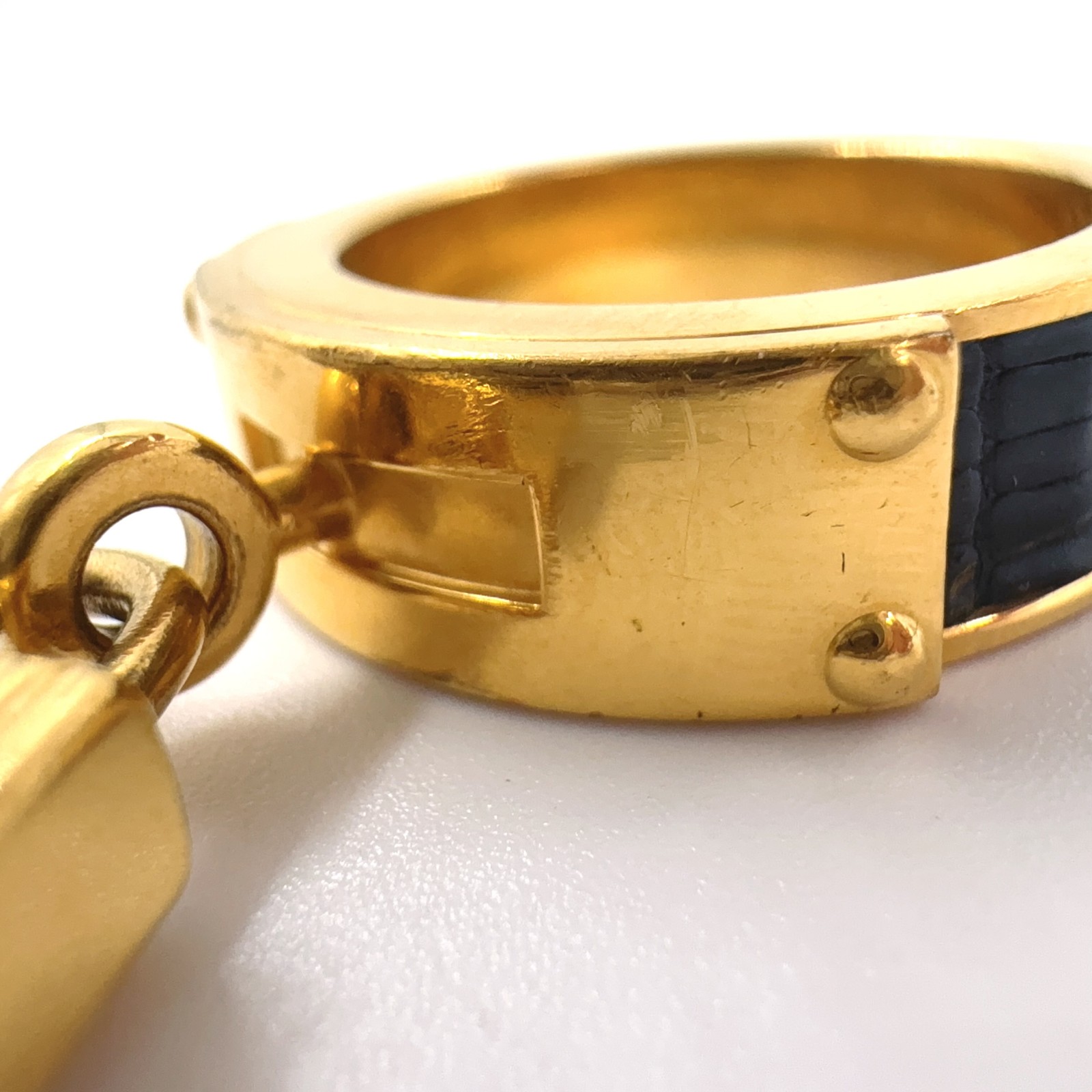 HERMES Kelly charm scarf ring gold black Leather Metal