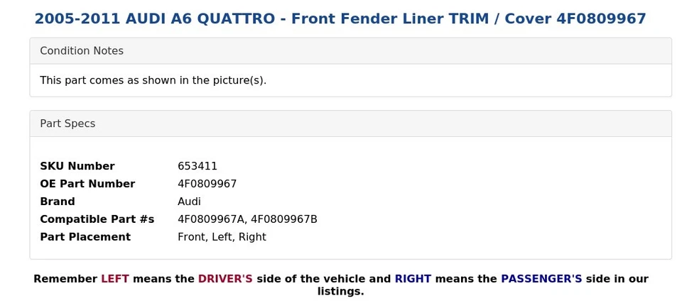 2005-2011 AUDI A6 QUATTRO - Front Fender Liner TRIM / Cover 4F0809967 - Image 3 of 4