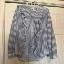 Charter Club Women's Blue and White Striped Button Up Blouse XL Nautical Ruffles