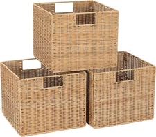 12X12X10in Plastic Wicker Storage Basket, Collapsible Wicker Cube Storage 3pk