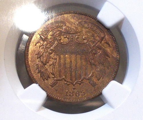 1865 2 cent piece fancy 5! graded ms63 by ngc! 1865/1865 ERROR? - Picture 3 of 6