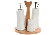 OLIO ACETO SALE PEPE DA TAVOLA SET IN CERAMICA BIANCO CON SUPPORTO IN LEGNO