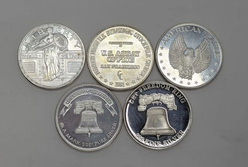 5x Mixed USS Assay Standing Liberty A-Mark Eagle 1 Ounce Fine Silver .999 Rounds