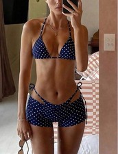 Women  s 3-Piece Halter Triangle Bikini  Boyshorts Polka Dot Blue/White M B