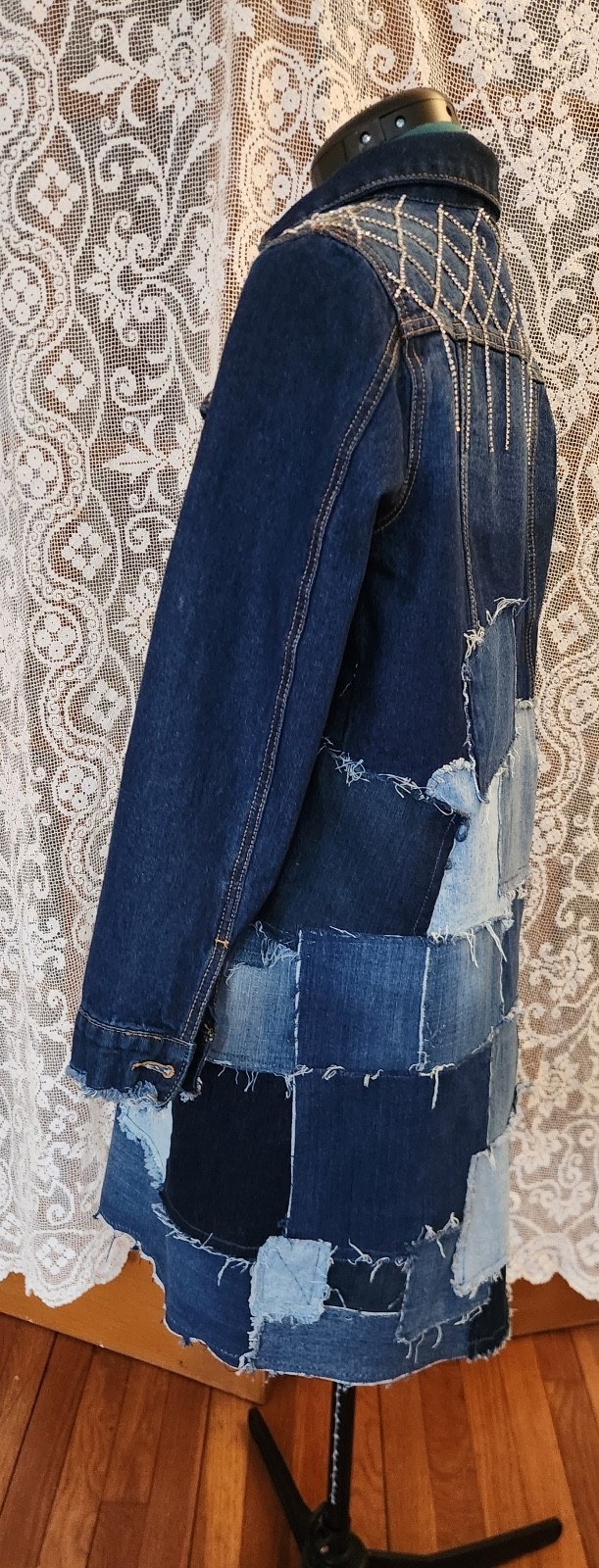 Upcycled Midi Denim Patchwork & Rhinestone Coat J… - image 3