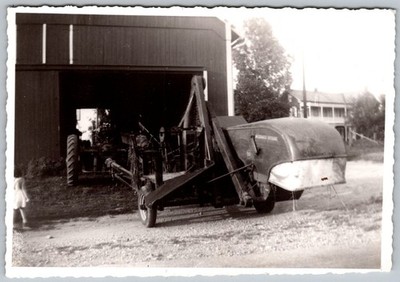 Vtg B&W Snapshot Girl Watching Mccormick-Deering Harvester Tractor Barn 1950s