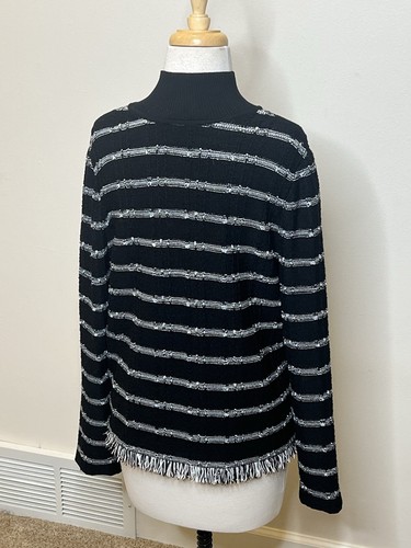 Maglione Ming Wang in maglia con orlo frange nero bianco a righe S - Foto 3 di 8