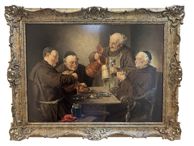 Monks at Table with Stein   Signed  E. Grutzner    Oil on Wood Panel Painting