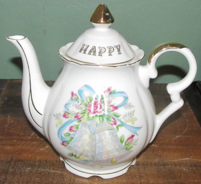 Happy Wedding Anniversary Vintage Tea Pot Teapot Porcelain Floral w/ Gold Trim