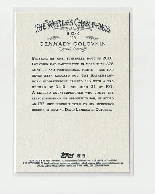 2016 Topps Allen and Ginter #119 Gennady Golovkin - Image 2 of 2