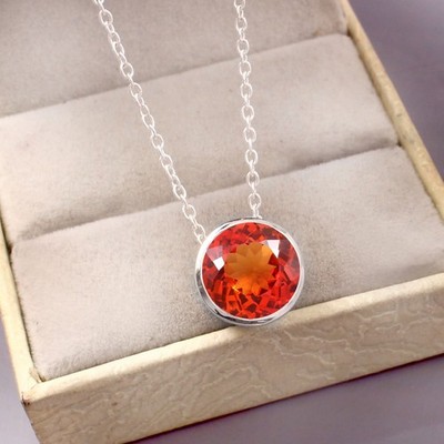 AAA Fein Orange Saphir Rund Schliff 10x10 MM, 925 Massiv Silber Edelstein Pendel