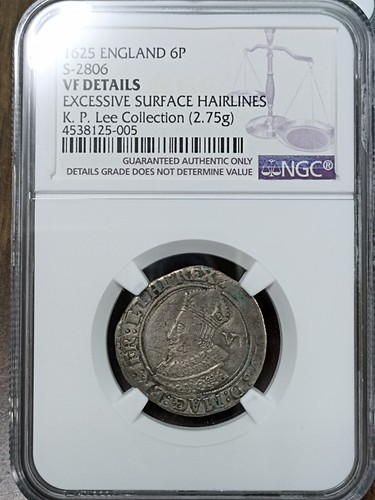 Pedigree: K.P. LEE 1625 England Charles I 1st Year Sixpence NGC VF Detail S2806 - Picture 1 of 4