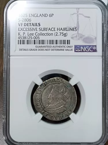Pedigree: K.P. LEE 1625 England Charles I 1st Year Sixpence NGC VF Detail S2806