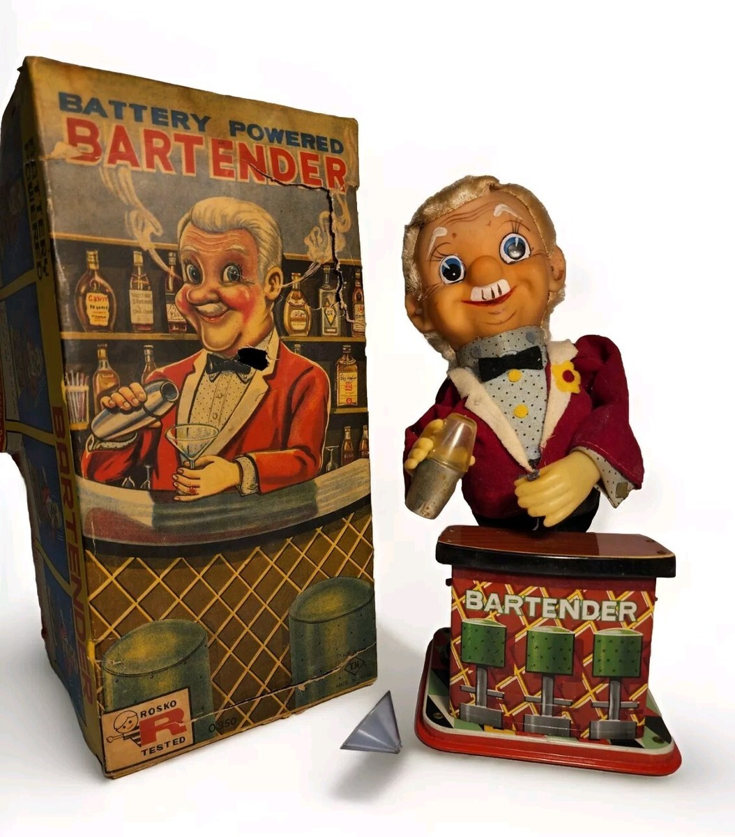 VTG) 1960s Rosko The Bartender Battery Op Japan Toy Working VTG) 1960s Rosko The Bartender Battery Op Japan Toy Working