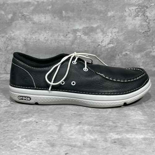 Crocs Men's Shoes Loafers Lace Up Boat Shoes Black Leather Size 11 - Picture 6 of 14