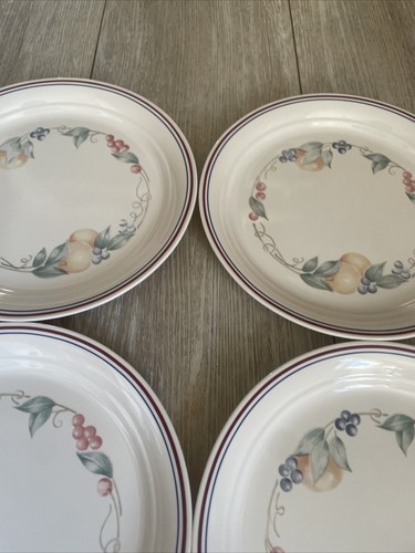 Vintage Corelle Corning Abundance DINNER PLATES Fruit Maroon Blue Stripe Set 4 - Picture 10 of 16