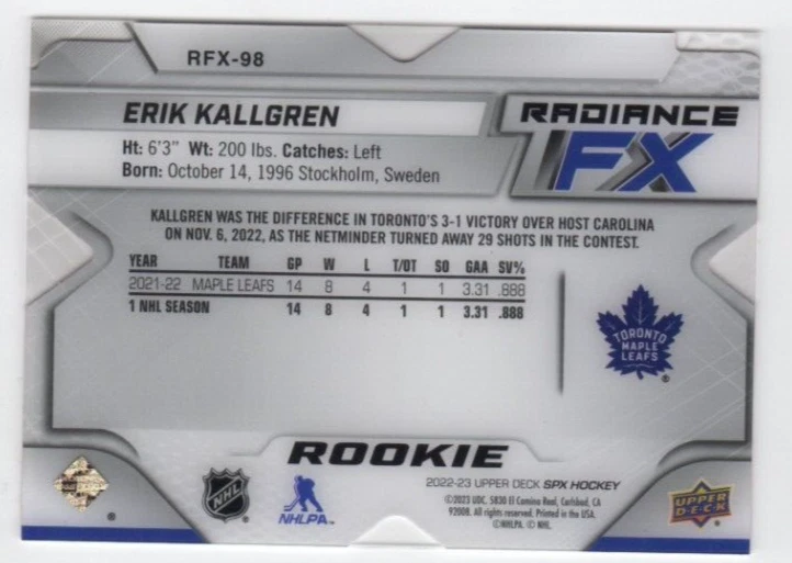 2022-23 Upper Deck SPx Erik Kallgren #RFX-98 Rookie Red Radiance Fx /249 Toronto - Image 2 of 2
