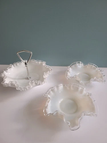 Vintage Fenton White Silver Crest Tidbit tray & 2 small bowls