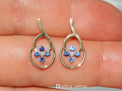 18K SOLID YELLOW GOLD SAPPHIRE & DIAMOND 8/10th INCH OPEN CIRCLE OVAL EARRINGS - Picture 4 of 5
