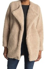 Lush Coat Womens Medium Beige Faux Fur Long Sleeve Open Front