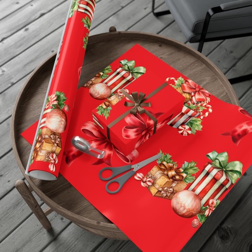 Christmas Wrapping Paper Red Holiday Wrapping Paper Bows and Gifts Wrap Paper - Picture 10 of 19