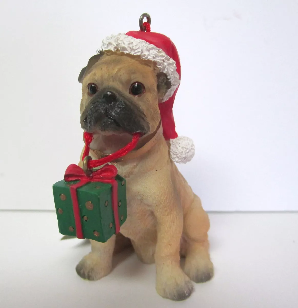 Pug Dog Holding a Christmas Present Ornament