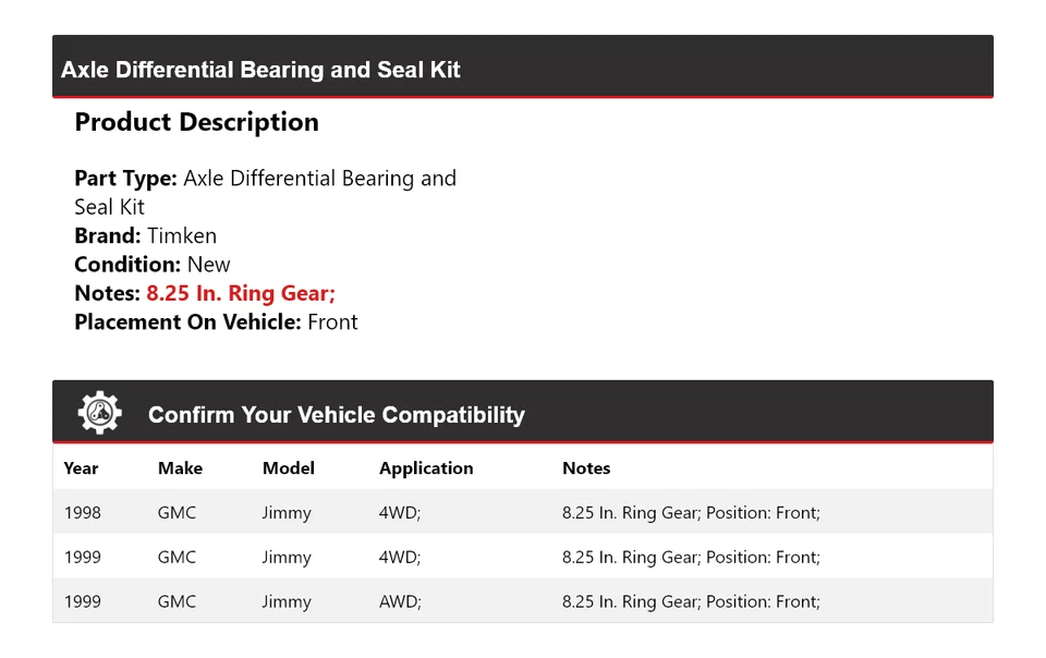 Kit de cojinete y sello diferencial de eje delantero Timken para GMC Jimmy 1998-1999 Foto 2 de 3