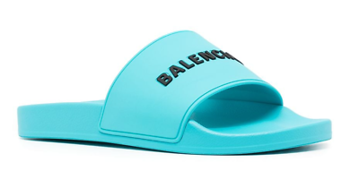 Balenciaga Turquoise Blue Rubber Black Logo Slide Pool Sandal Flip
