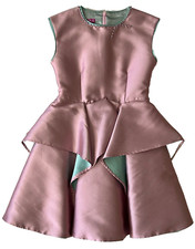 Vestido Val Max Italia Niñas 8Y Rosa Satinado Escote Joyas Cintura Peplum USADO UNA VEZ