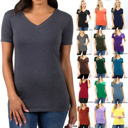 Womens Basic V-NECK SHORT SLEEVE Cotton T-Shirt Top Stretch Solid Layering Plain - Picture 1 of 15