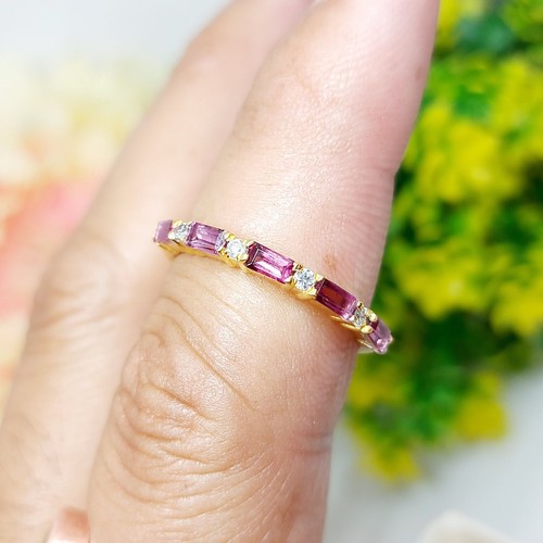 Baguette Natural Rhodolite Garnet Wedding Band Eternity Yellow gold Over Silver - Bild 11 von 12