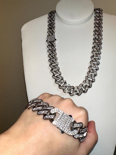 Iced 18mm Miami Cuban Link Necklace Silver St Steel 22 in Chain Bracelet Set ICY - Picture 20 of 23