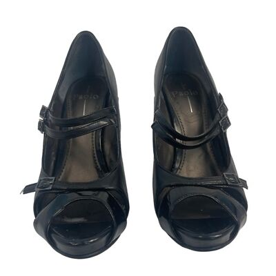Linea Paolo Womens US Sz 10.5 M Black Leather Heel Open Toe Pump Straps Buckle