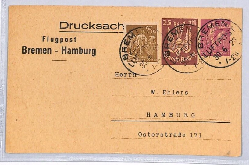 GERMANY Air Mail 1923 Bremen Hamburg Card Aviation{samwells-covers}ZF326 - Image 2 of 4