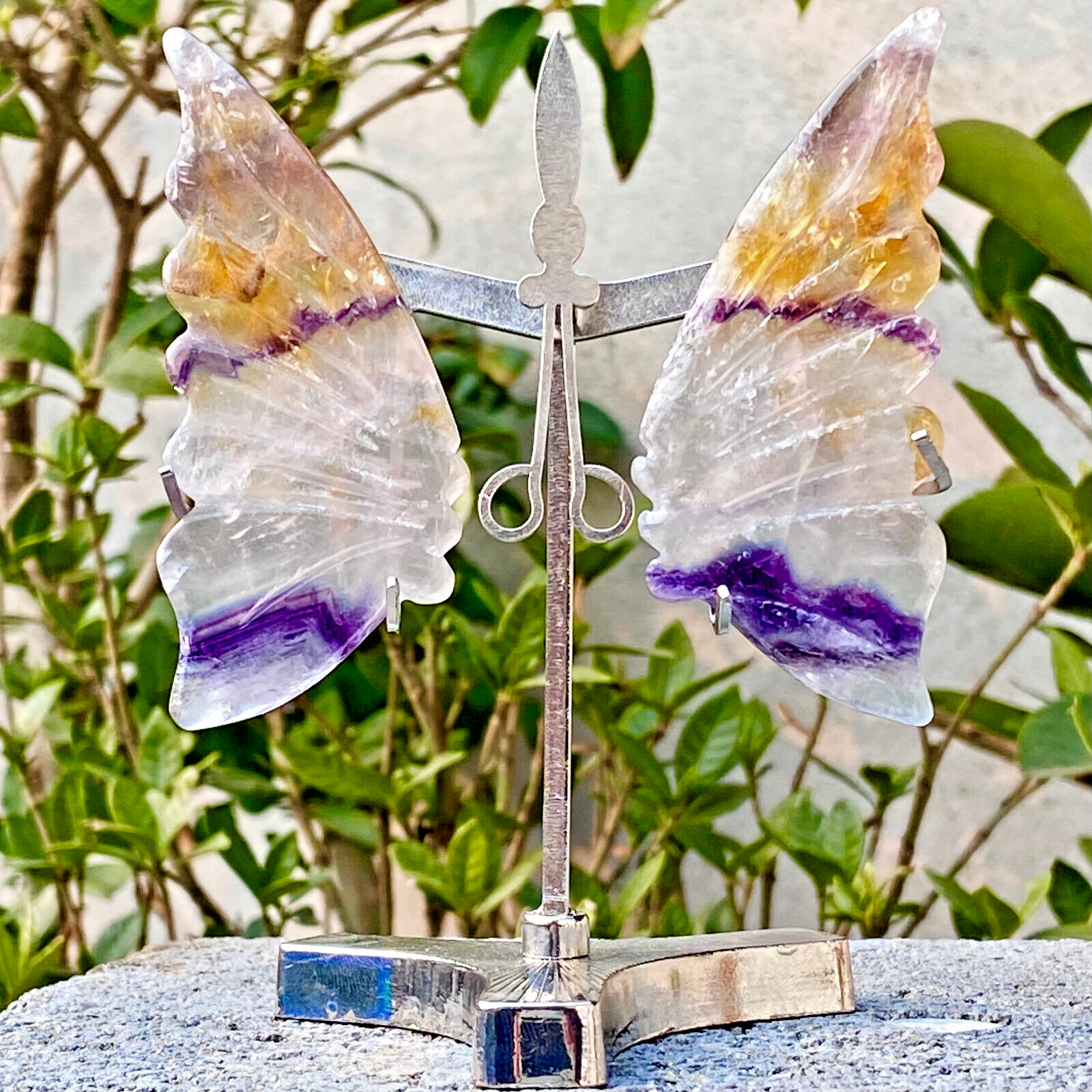 77g Natural Crystal Fluorite Butterfly Wings Healing Statue Decor + Stand