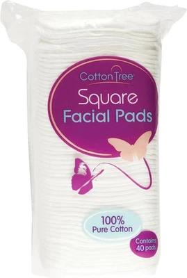 COTTON TREE Square Cotton Wool Face Pads X 40 Large 8cm Wide Soft Absorbent Beauty Makeup