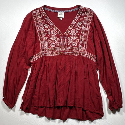 Knox Rose Women s Red Floral Embroidered V-Neck Puff Long Sleeve Blouse, L