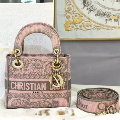 Auth Christian Dior Lady D-Lite Handbag Shoulder Bag Pink/Gray Canvas