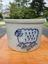 Vtg 2006 David Eldreth Sheep Crock Salt Glaze Pottery Blue On Gray 8" Diameter