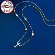 925 Silver Round Micro Pave Cross CZ Pendant Necklace Chain Gold Plated Jewelry