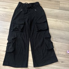 Halara Ribbed Mid Rise Drawstring Pockets Wide Leg Cargo Pants Black Women M