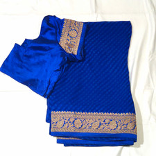 Handmade Women  s Blue Silk Satin Saree Choli Blouse Gold Embroidered Hook