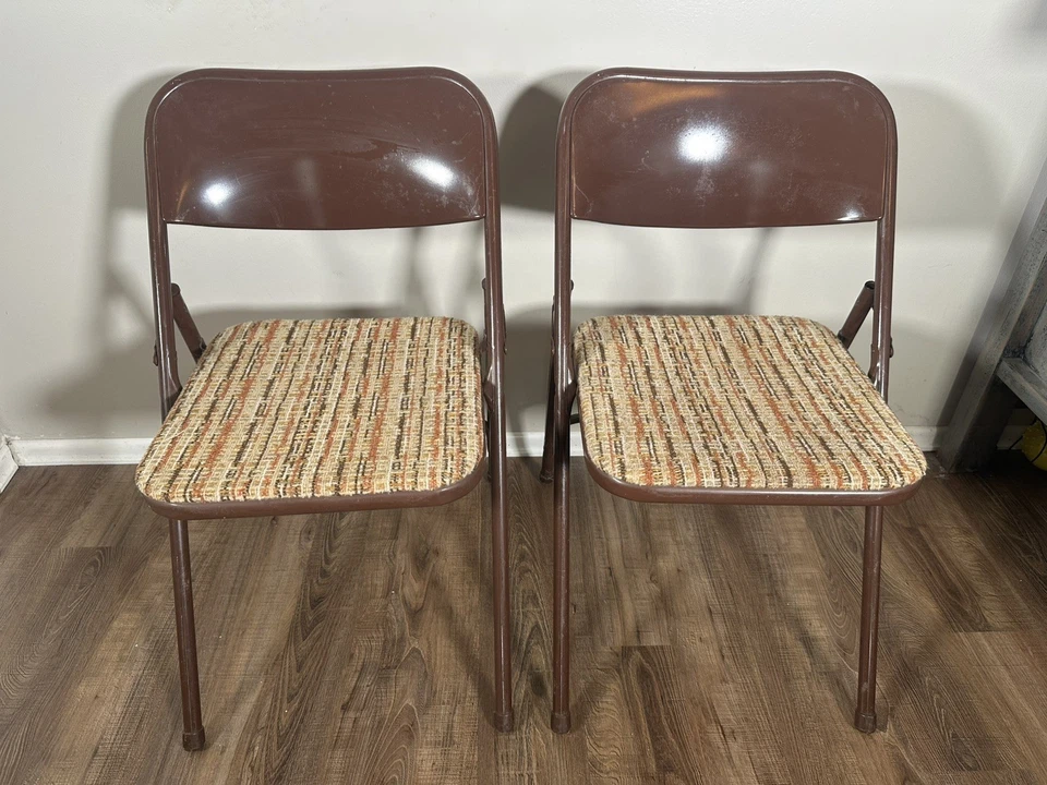 Juego de 2 sillas plegables Samsonite marrón tweed tela acolchada 1981 #3589 póker de colección Foto 2 de 4
