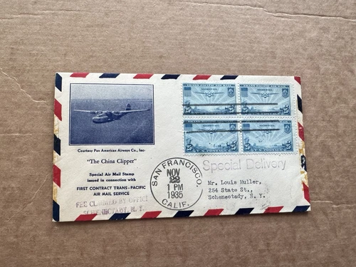 US 1935 FDC +China Clipper 20C BLK4 #C20 +Pan Am B&W Photo Cachet +Dealer Card