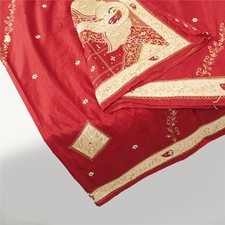 Sanskriti Vintage Long Dupatta/Stole Pure Silk Red Hand Beaded Zardozi Patch Vei