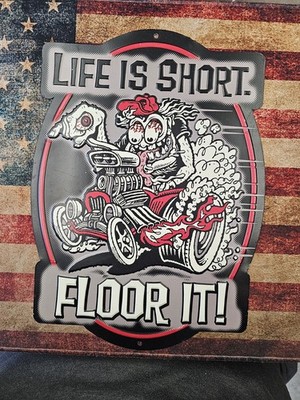 Open Road 'Life Is Short. Floor It!' Embossed Metal Sign 14 x 10 1/4 Wall Decor
