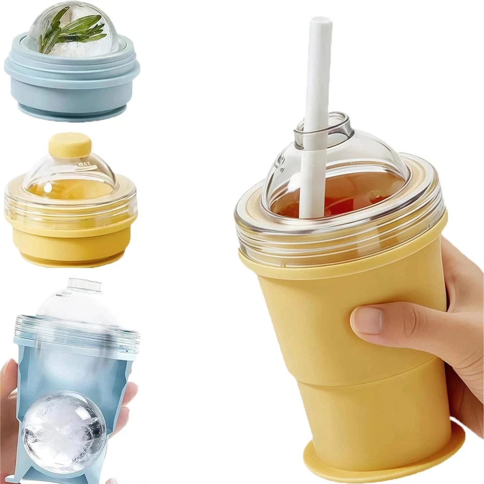Silikon Flaschenbecher 2in1, faltbar mit Eismaker & Strohhalm, für unterwegs - Bild 2 von 4