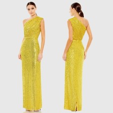 NEW Ieena for Mac Duggal Yellow Sequined Ruched One Shoulder Gown Size 2 Goddess