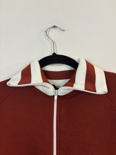 VINTAGE 1970s Rust Orange Zip Up Tennis Jacket White Stripes Track Sportswear M - Picture 9 of 24