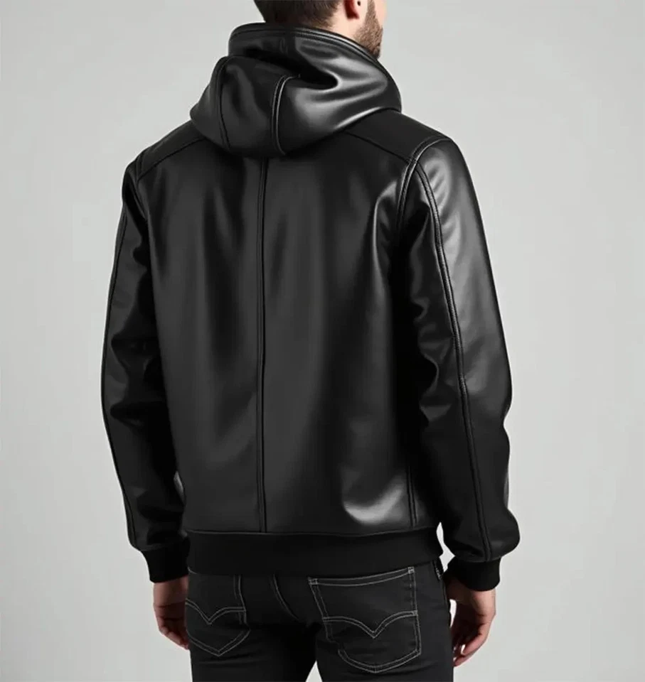 Men’s Black Sheep Leather Hoodie | Handmade Pullover Jacket | Winter Outerwear - Image 2 of 3